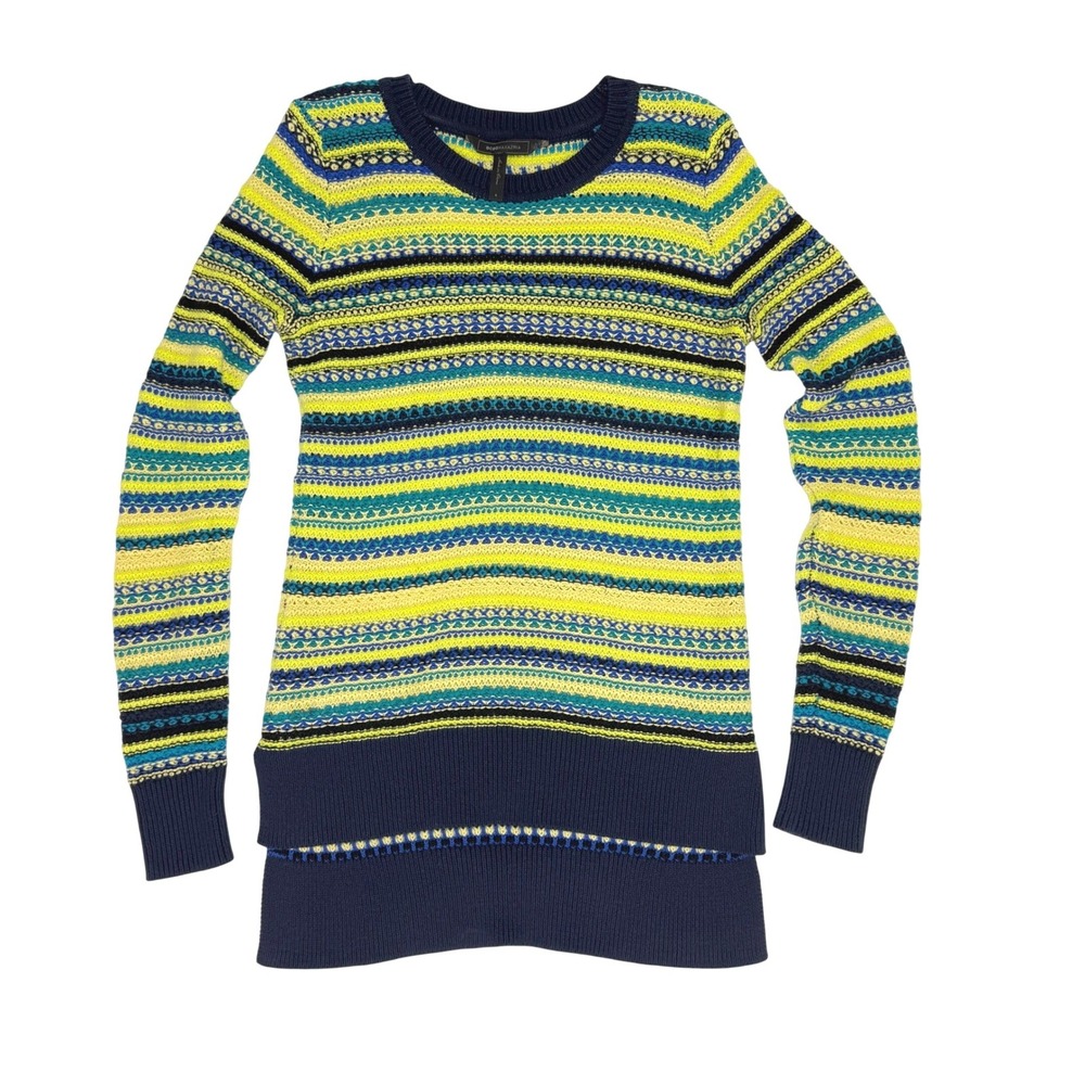 BCBG MaxAzria Knit Pullover Neon Yellow Blue Teal Sweater Striped Size S‎ Cotton